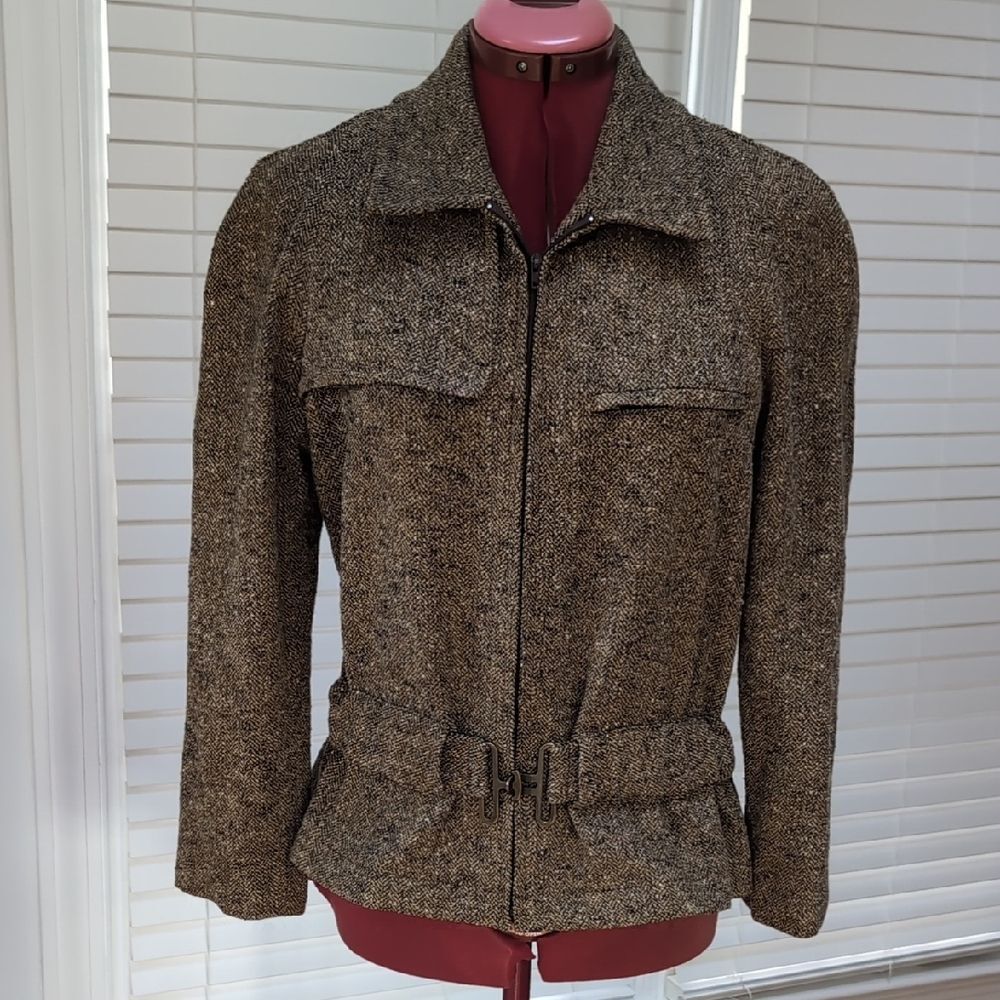 Vintage Belted Wool Blend Tweed Jacket Country Equestrian Old Money